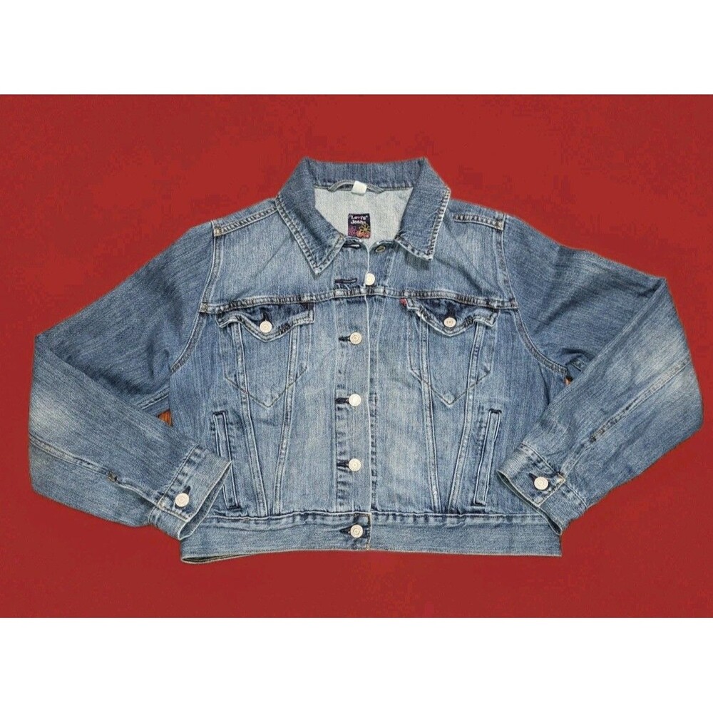 Y2K Vintage Levi’s Cropped Denim Trucker Jacket Girls XL Blue Medium Wash